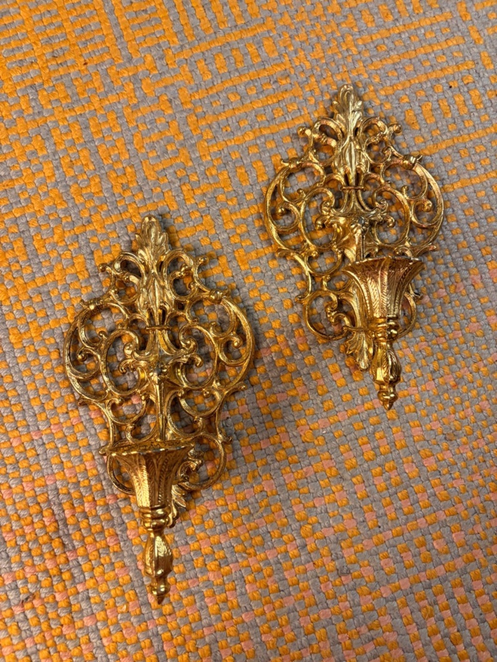 ✨🕯️ Vintage 1970s Gold Ornate Wall Sconce Set – 2 Piece ✨🕯️